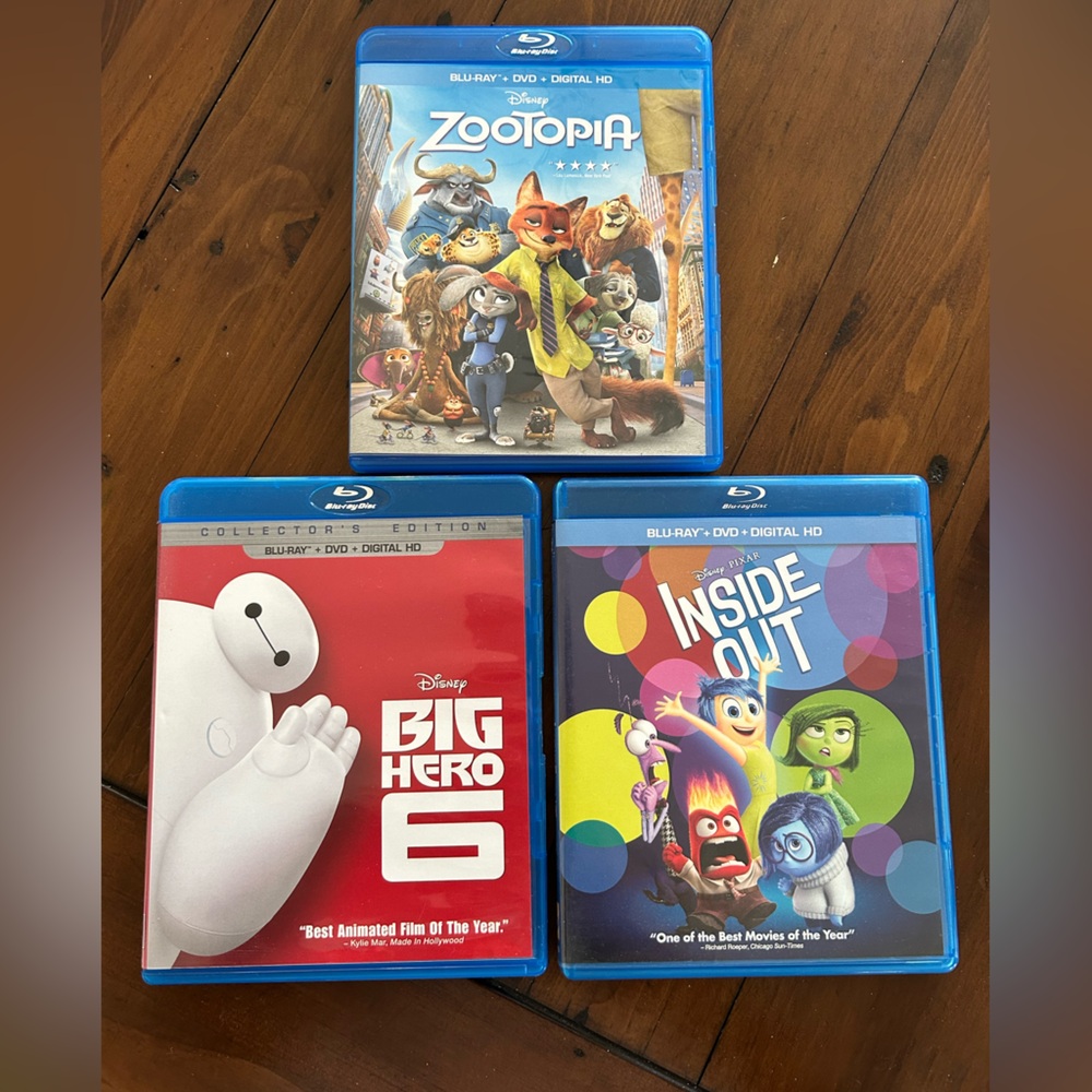Lot of 3 Disney Blu-Ray/DVDs-Zootopia, Big Hero 6, Inside Out